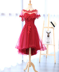 Red Round Neck Lace Tulle Short Corset Prom Dress outfits, Champagne Prom Dress