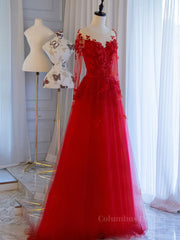 Red round neck tulle lace long Corset Prom dress, red evening dress outfit, Prom Dresses Near Me