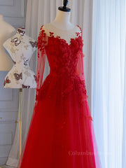 Red round neck tulle lace long Corset Prom dress, red evening dress outfit, Prom Dress Near Me
