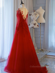 Red round neck tulle lace long Corset Prom dress, red evening dress outfit, Prom Dress Boutiques Near Me