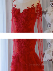 Red round neck tulle lace long Corset Prom dress, red evening dress outfit, Prom Dress 2024