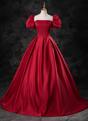 Red Satin A-line Short Sleeves Long Corset Prom Dress, Red Long Corset Formal Dress Evening Dress outfit, Fairytale Dress