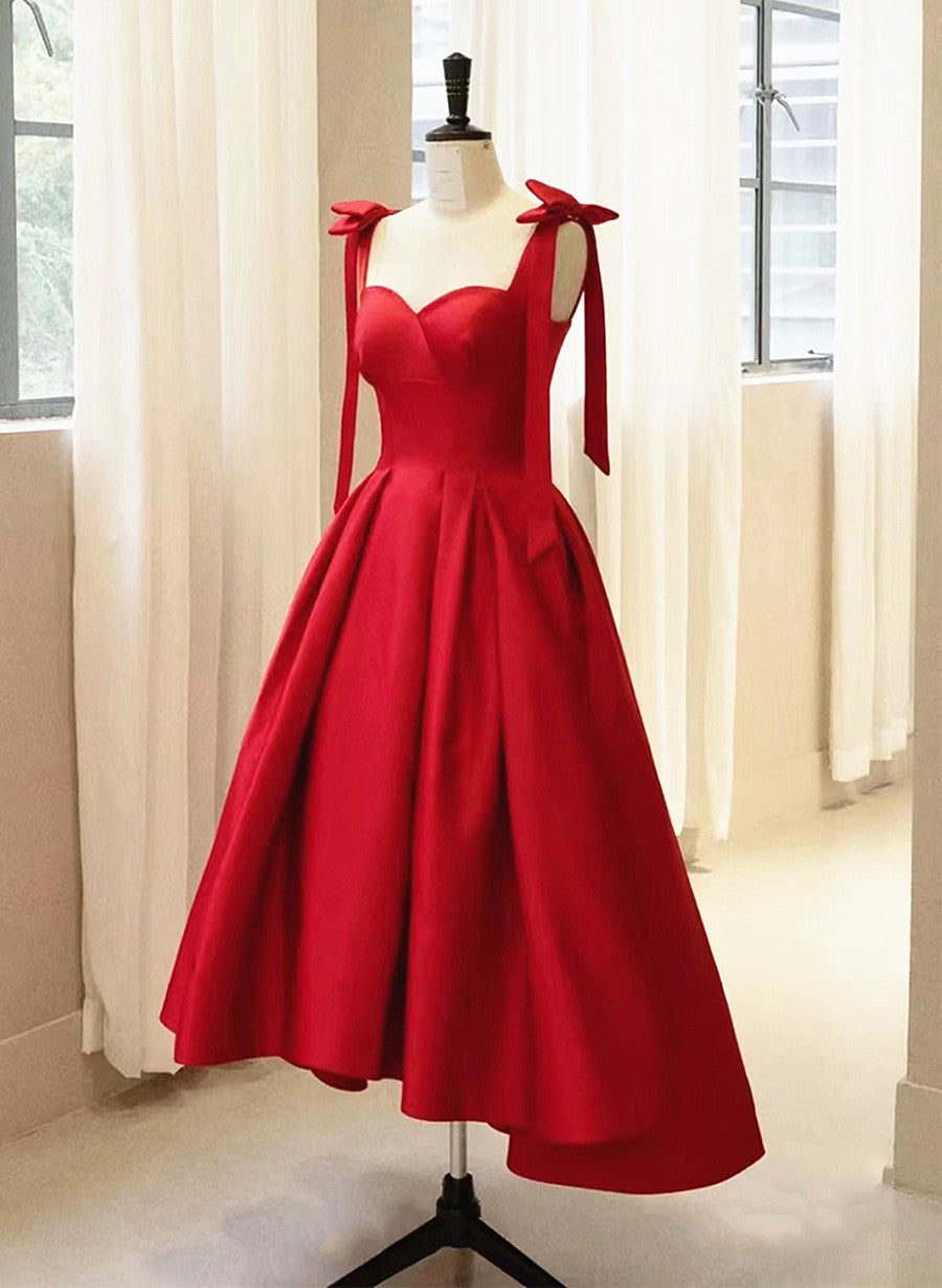 Red Satin High Low Corset Formal Dress with Bow, Red Corset Prom Dress Party Dress Outfits, Winter Dress