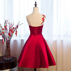 Red Satin Knee Length Party Dress, Cute Corset Bridesmaid Dress outfit, Evening Dress Princess