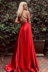 Red Satin Lace-up A-line Corset Prom Dress with Slit Gowns, Red Satin Lace-up A-line Prom Dress with Slit