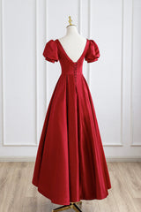 Red Satin Long Corset Prom Dress, Simple A-Line Short Sleeve Evening Party Dress Outfits, Wedding Color