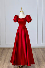 Red Satin Long Corset Prom Dress, Simple A-Line Short Sleeve Evening Party Dress Outfits, Bridesmaid Dress Purple