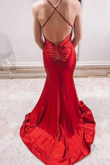 Red Satin Mermaid Corset Prom Dress with Ruffles Gowns, Red Satin Mermaid Prom Dress with Ruffles