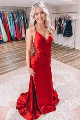 Red Satin Mermaid Corset Prom Dress with Ruffles Gowns, Red Satin Mermaid Prom Dress with Ruffles