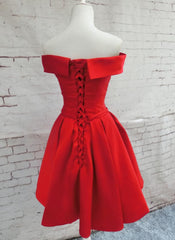 Red Satin Short Party Dress, Red Off Shoulder Corset Homecoming Dress outfit, Evening Dress For Wedding Guest