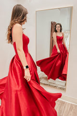 Red Satin Spaghetti Straps A-Line Corset Prom Dress outfits, Red Satin Spaghetti Straps A-Line Prom Dress