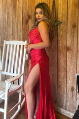 Red Satin Spaghetti Straps Corset Prom Dress with Ruffles Gowns, Red Satin Spaghetti Straps Prom Dress with Ruffles