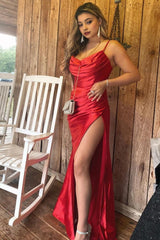 Red Satin Spaghetti Straps Corset Prom Dress with Ruffles Gowns, Red Satin Spaghetti Straps Prom Dress with Ruffles