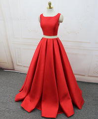 Red Satin Two Pieces Long Corset Prom Dress Red Long Evening Dress outfit, Prom Dresses With Slit