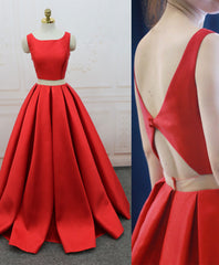 Red Satin Two Pieces Long Corset Prom Dress Red Long Evening Dress outfit, Prom Dresses Black