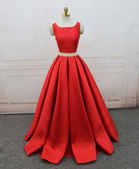 Red Satin Two Pieces Long Corset Prom Dress Red Long Evening Dress outfit, Prom Dress With Slit