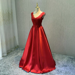 Red Satin V-neckline Floor Length Corset Prom Dress, Backless Red Party Dress Outfits, Party Dresses Summer