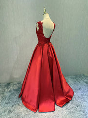 Red Satin V-neckline Floor Length Corset Prom Dress, Backless Red Party Dress Outfits, Party Dress For Summer