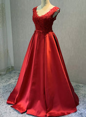 Red Satin V-neckline Floor Length Corset Prom Dress, Backless Red Party Dress Outfits, Party Dresses Cocktail