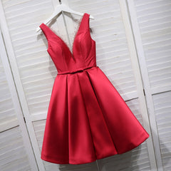 Red Satin V-neckline Knee Length Corset Homecoming Dress, Red Short Corset Prom Dress outfits, Homecoming Dresses Tight