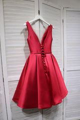 Red Satin V-neckline Knee Length Corset Homecoming Dress, Red Short Corset Prom Dress outfits, Homecoming Dresses 2023