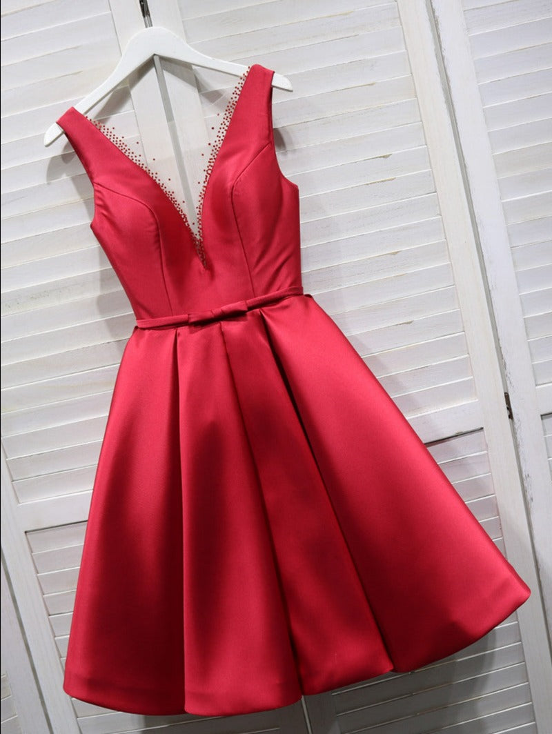 Red Satin V-neckline Knee Length Corset Homecoming Dress, Red Short Corset Prom Dress outfits, Homecoming Dresses Silk