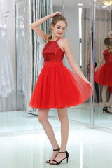 Red Sequined Tulle Strapless Corset Homecoming Dresses outfit, Formal Dresses Classy