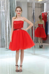 Red Sequined Tulle Strapless Corset Homecoming Dresses outfit, Formal Dress Simple