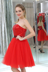 Red Sequined Tulle Strapless Corset Homecoming Dresses outfit, Formal Dresses Outfits