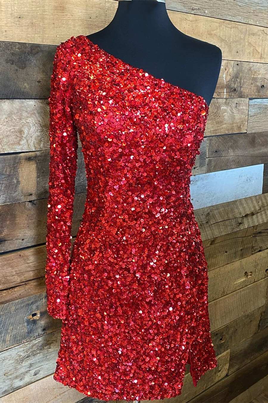 Red Sequins One-shoulder Long Sleeve Party Dress,Graduation Dresses outfit, Homecoming Dresses For Kids