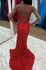 Red Sequins V Neck Corset Prom Dress with Slit Gowns, Red Sequins V Neck Prom Dress with Slit