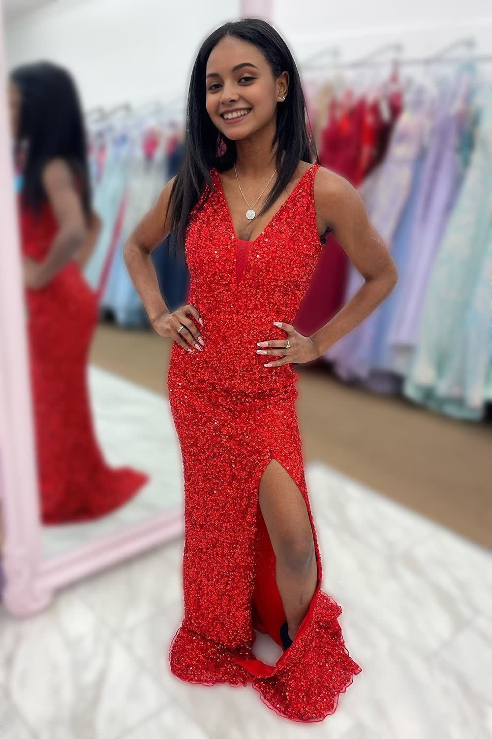 Red Sequins V Neck Corset Prom Dress with Slit Gowns, Red Sequins V Neck Prom Dress with Slit