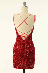 Red Sheath Double Straps Lace-Up Back Sequins Mini Corset Homecoming Dress outfit, Formal Dress Outfit Ideas