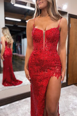 Red Spaghetti Straps Appliques Corset Prom Dress with Slit Gowns, Red Spaghetti Straps Appliques Prom Dress with Slit