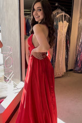 Red Spaghetti Straps Long Corset Prom Dress with Slit Gowns, Red Spaghetti Straps Long Prom Dress with Slit