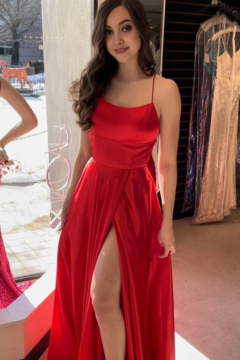Red Spaghetti Straps Long Corset Prom Dress with Slit Gowns, Red Spaghetti Straps Long Prom Dress with Slit
