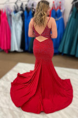 Red Spaghetti Straps Mermaid Beading Corset Prom Dress outfits, Red Spaghetti Straps Mermaid Beading Prom Dress