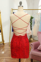 Red Spaghetti Straps Tight Short Corset Homecoming Dress with Appliques Gowns, Red Spaghetti Straps Tight Short Homecoming Dress with Appliques