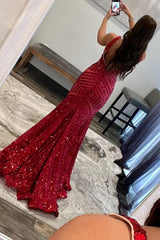 Red Sparkly Deep V Neck Sequin Mermaid Corset Prom Dress outfits, Red Sparkly Deep V Neck Sequin Mermaid Prom Dress
