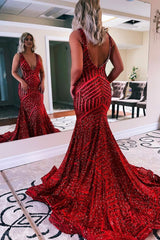 Red Sparkly Deep V Neck Sequin Mermaid Corset Prom Dress outfits, Red Sparkly Deep V Neck Sequin Mermaid Prom Dress