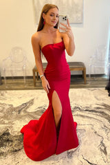 Red Strapless Mermaid Corset Prom Dress With Slit Gowns, Red Strapless Mermaid Prom Dress With Slit