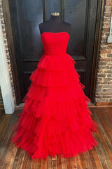 Red Strapless Tulle Layers Long Corset Prom Dress, A-line Sweetheart Red Evening Dress outfit, Bridesmaid Dress 2042