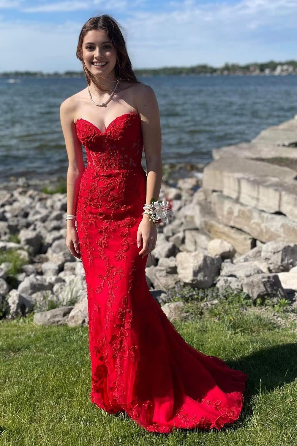 Red Sweetheart Lace-Up Long Mermaid Corset Prom Dress with Appliques Gowns, Red Sweetheart Lace-Up Long Mermaid Prom Dress with Appliques