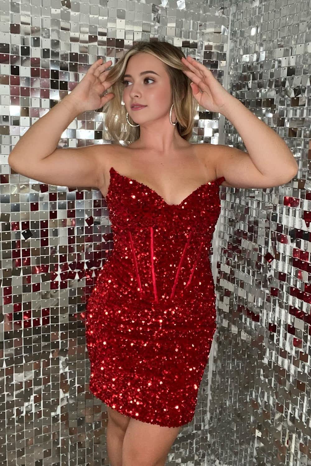 Red Sweetheart Sequins Tight Short Corset Homecoming Dress outfit, Red Sweetheart Sequins Tight Short Homecoming Dress