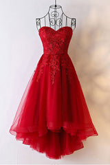 Red Sweetheart Tulle High Low Corset Homecoming Dress , Red Party Dress Outfits, Homecomming Dresses Fitted