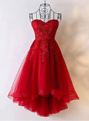 Red Sweetheart Tulle High Low Corset Homecoming Dress , Red Party Dress Outfits, Homecoming Dresses Fitted