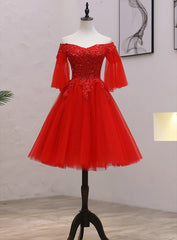 Red Sweetheart Tulle with Lace and Beaded Corset Homecoming Dress, Red Party Dress Outfits, Red Gown