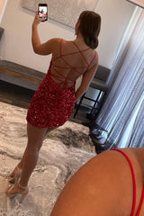 Red Tight Sequins Backless Corset Homecoming Dress outfit, Red Tight Sequins Backless Homecoming Dress
