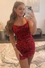 Red Tight Sequins Backless Corset Homecoming Dress outfit, Red Tight Sequins Backless Homecoming Dress