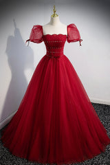Red Tulle Floor Length Evening Party Dress, Red Short Sleeve Graduation Dress outfits, Prom Dress Type